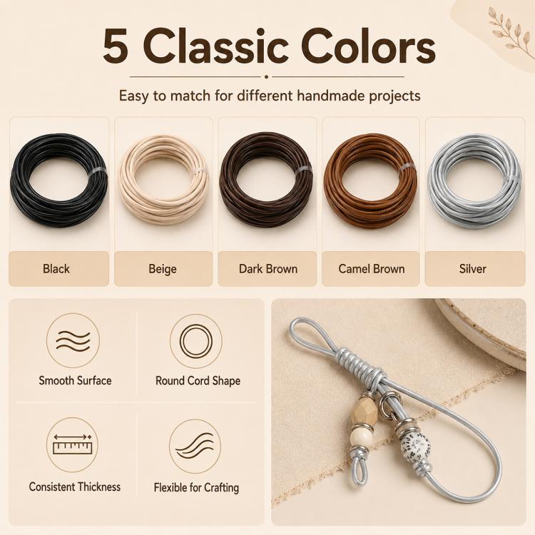3mm PU leather beading wire set, five colors: black, beige, dark brown, camel brown, silver