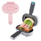 Pink mini sandwich maker with open lid and sandwich halves in black grill