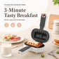 Portable mini breakfast maker with hinged lid open, showing a cooked sandwich
