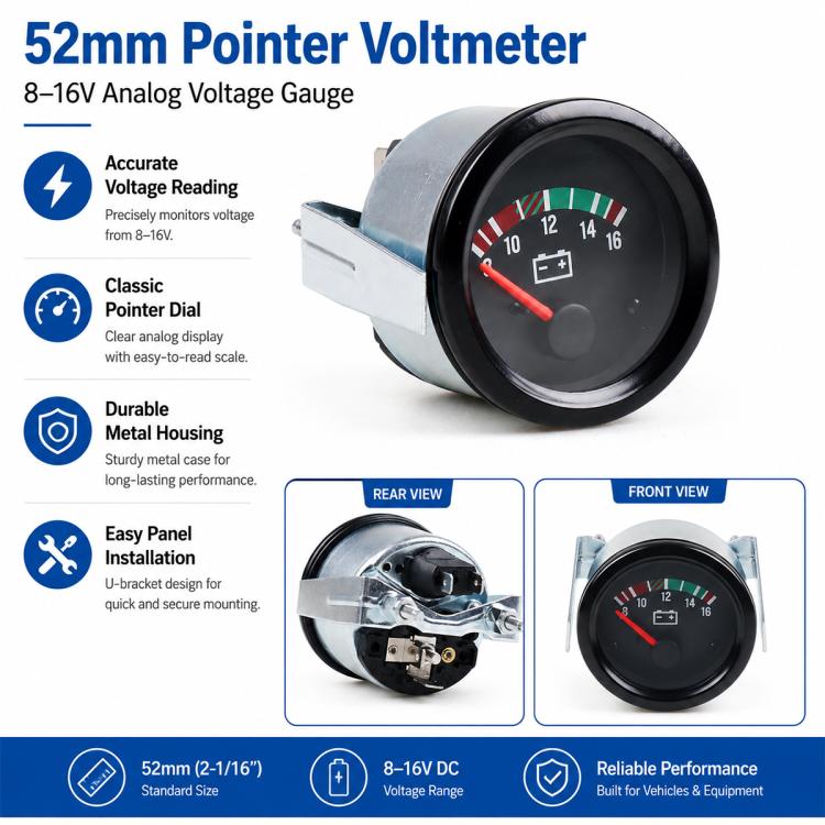 52mm analog pointer voltmeter with black bezel, red needle, and metallic housing