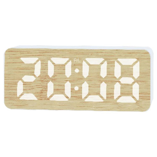 Bamboo-texture LED digital alarm clock with bright white 24-hour time display.