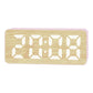Bamboo-texture LED digital alarm clock with bright white time digits on pink frame.
