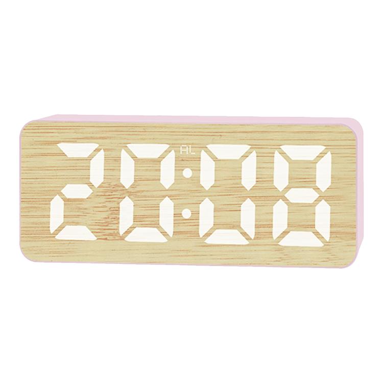 Bamboo-texture LED digital alarm clock with bright white time digits on pink frame.