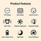 Bamboo-grain LED alarm clock with large “Product Features” icons above the display.