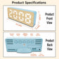 Bamboo-grain LED clock product specs with front and back views and button layout.