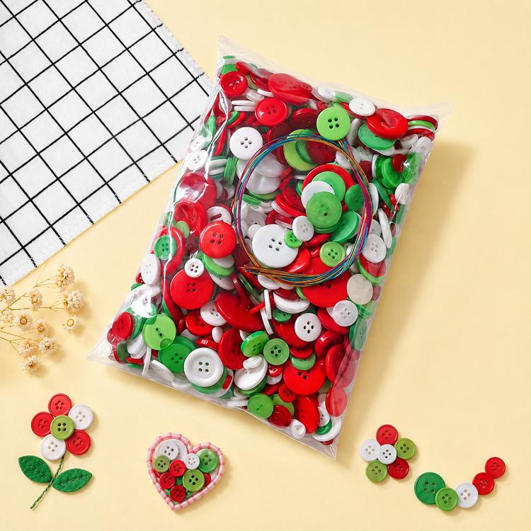 Clear pouch of mixed round resin buttons in red and green with colorful wire loops