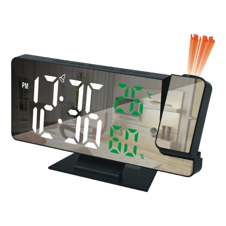 LED projection digital clock with large mirrored time display and green digits