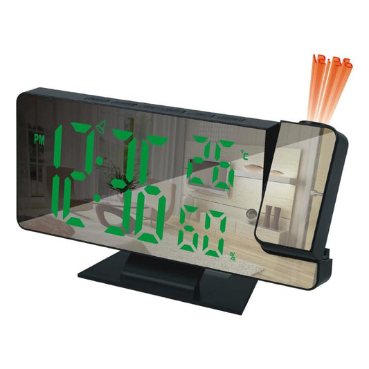 LED projection digital clock with large mirrored time display and green digits