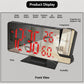 LED projection clock front view with red digit time display and temperature/humidity indicators