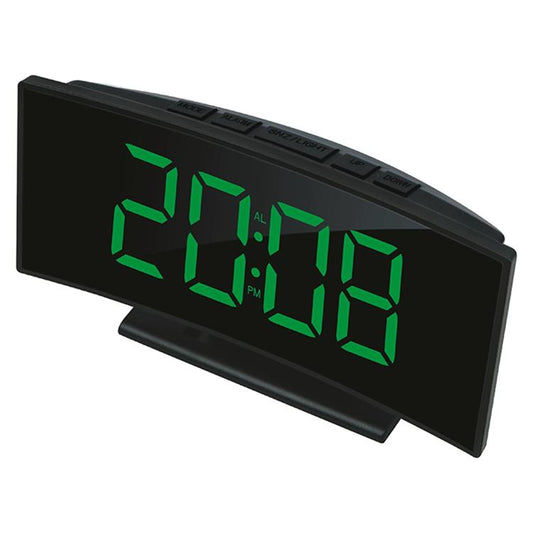 Curved LED digital clock with green LED time display on black housing