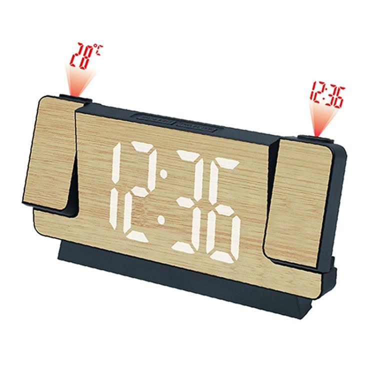 Bamboo-texture LED digital clock with white time digits on a black base