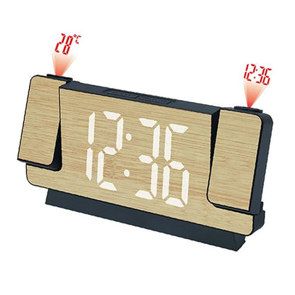 Bamboo-texture LED digital clock with white time digits on a black base