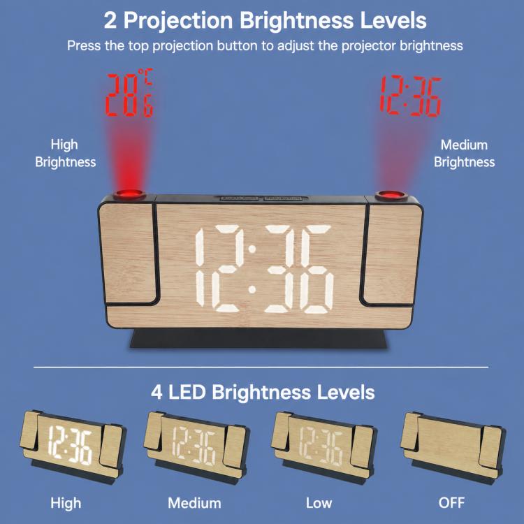 Bamboo-texture LED clock showing white digits with red dual projection brightness levels