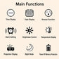 Clock feature icon diagram for time, date, snooze, alarm, brightness, and temperature