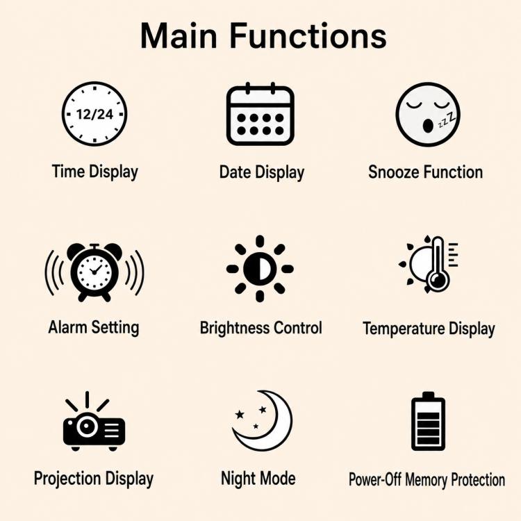 Clock feature icon diagram for time, date, snooze, alarm, brightness, and temperature