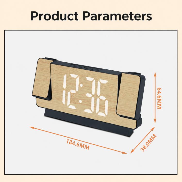 Bamboo-texture LED clock with white digits and displayed height and width dimensions