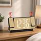Bamboo-texture LED digital clock on desk with white digits and red projected readings