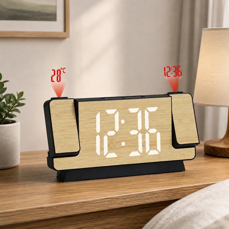 Bamboo-texture LED digital clock on desk with white digits and red projected readings