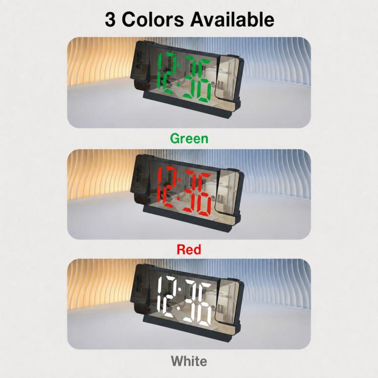 LED mirror projection clock shown in green, red, and white color options