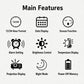 Clock feature icons: 12/24 format, date display, snooze, alarm, temperature