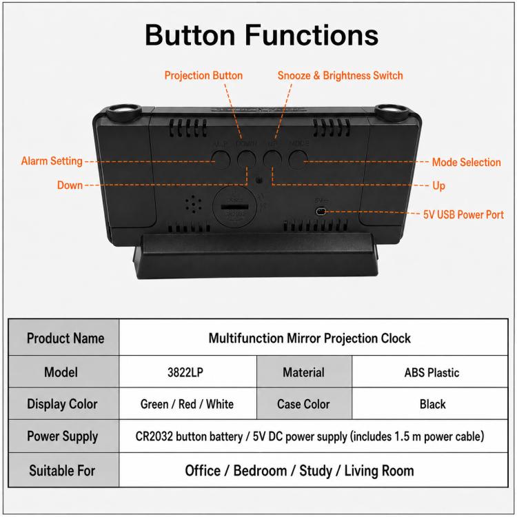 Mirror projection clock button diagram with projection, snooze, brightness and USB port