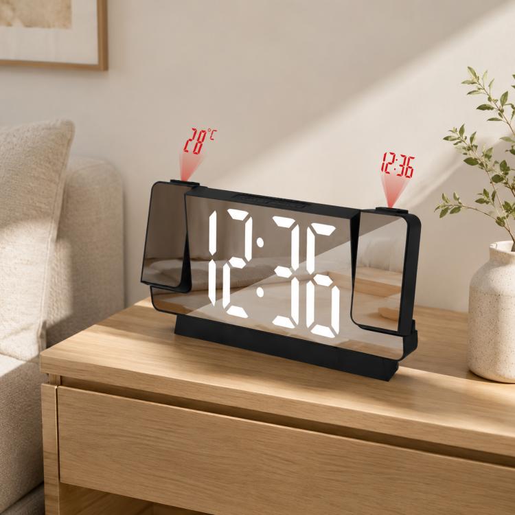Black mirror projection clock with white LED time digits and red temperature display