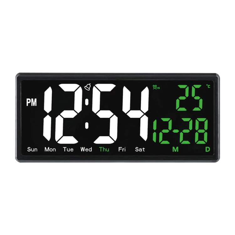 LED digital clock with large white time display and day/date indicators, black housing.