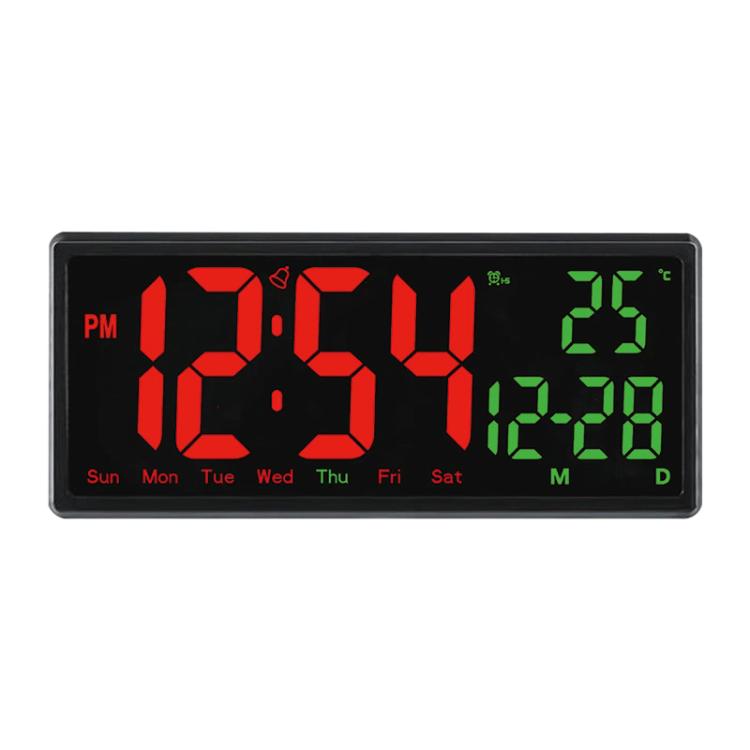 LED digital clock with large red time display and day/date indicators, black housing.