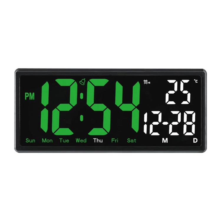 LED digital clock with large green time display and day/date indicators, black housing.