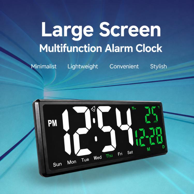 Large-screen LED clock showing white time digits and green temperature on a black panel.