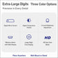 LED alarm clock feature graphic: digital mirror screen, temperature display, 3-level brightness.