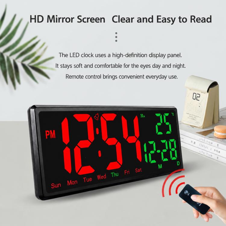 Wall LED clock with HD mirror screen showing red time, green temperature, and remote control.