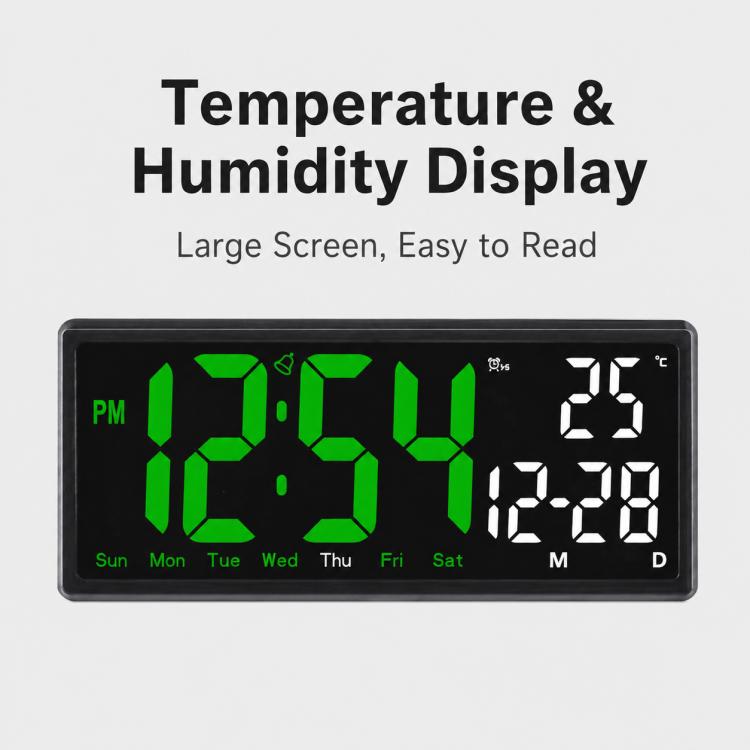 LED clock showing temperature and humidity with large green time digits on black display.
