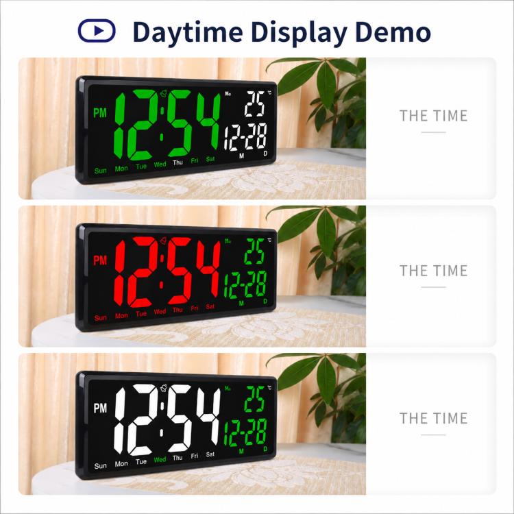 LED clock daytime display demo with changing green, red, and white time readings.