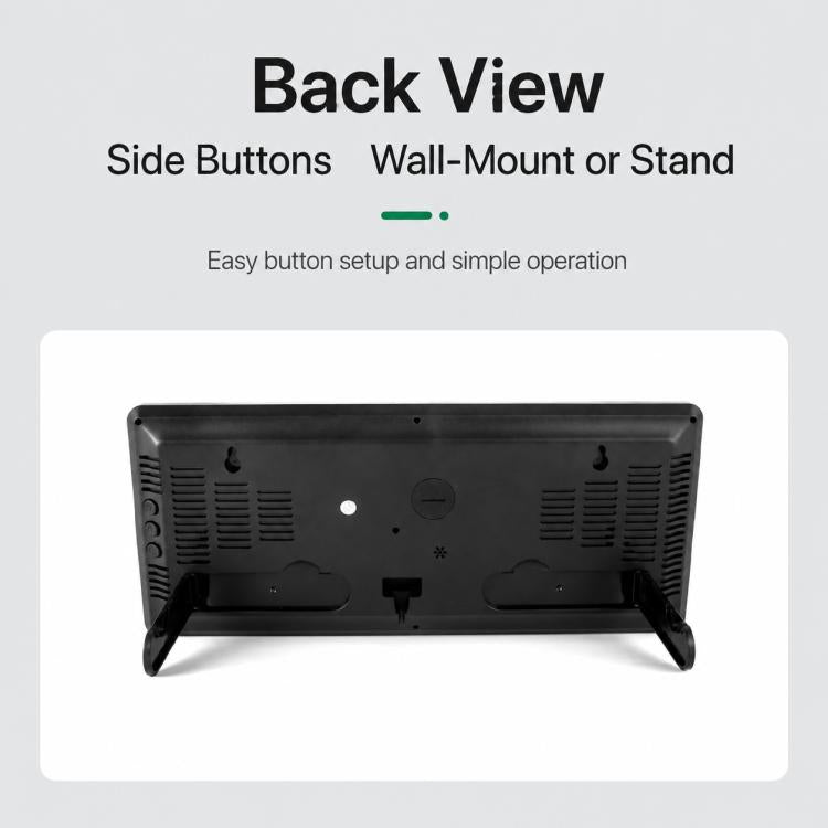 Back view of LED digital clock with side buttons and wall-mount/stand support base.