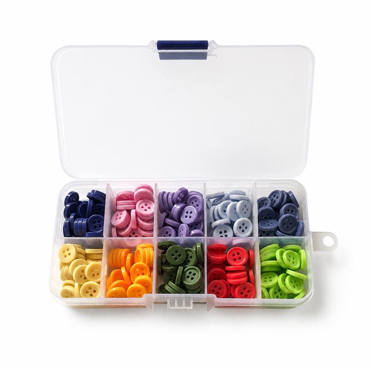 Mixed-color four-hole resin buttons kit with open organizer showing multi-color buttons