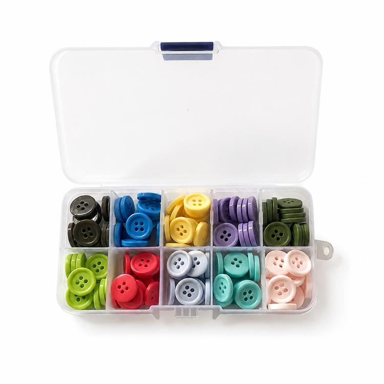 Mixed-color four-hole resin buttons in open case with bright assorted colors