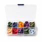 Mixed-color four-hole resin buttons in clear storage box, various colors