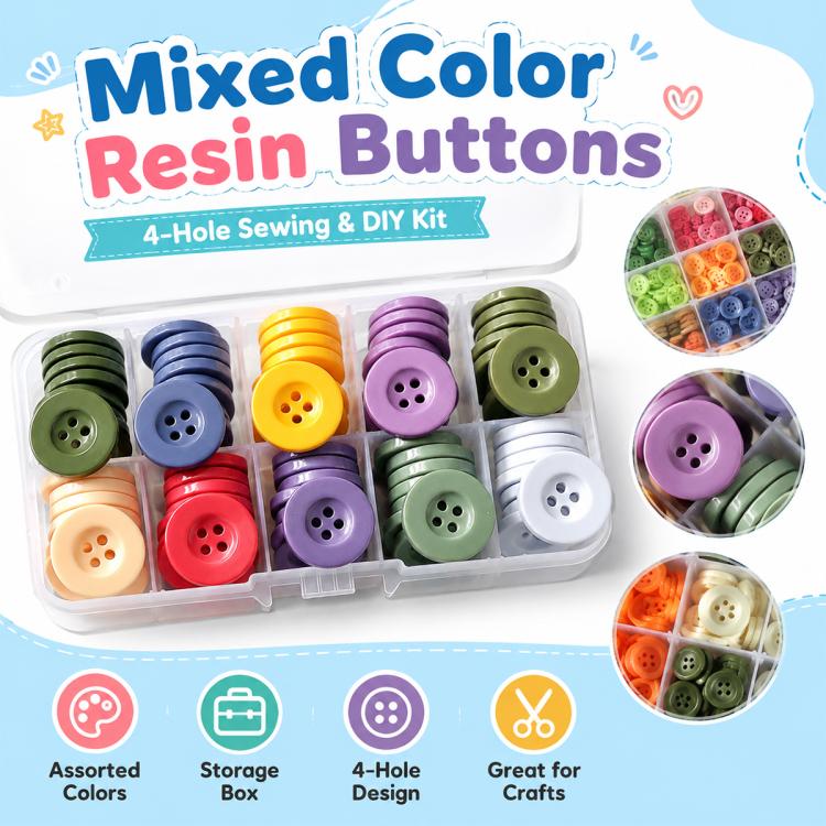 Mixed-color four-hole resin buttons in organizer box, multiple colors
