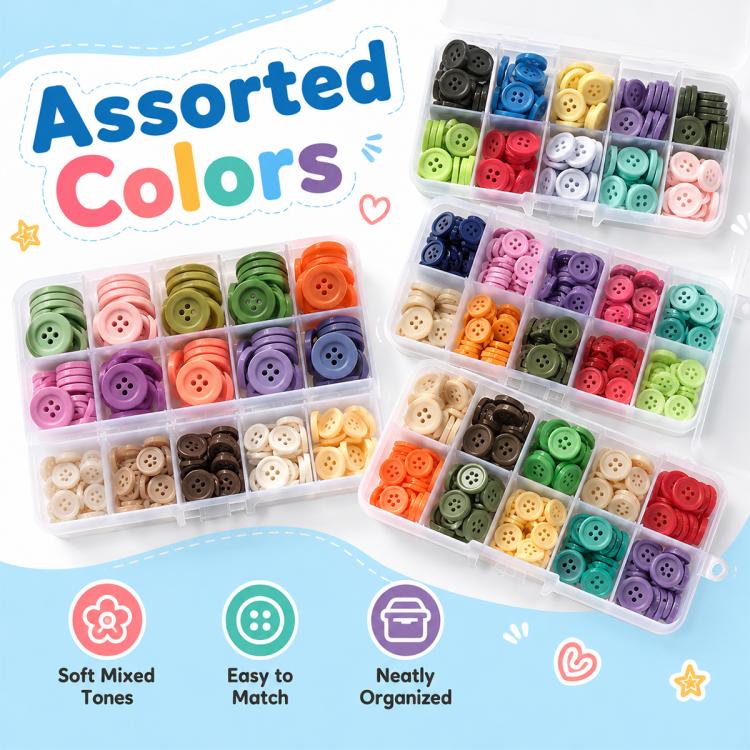 Assorted-color four-hole resin buttons, separated in divided storage boxes