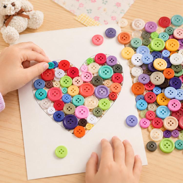 Assorted four-hole resin buttons for crafts, with hands placing on paper