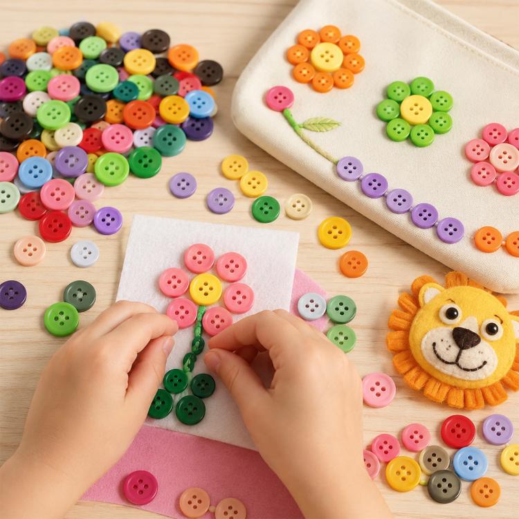 Assorted four-hole resin buttons used for craft making around felt and paper