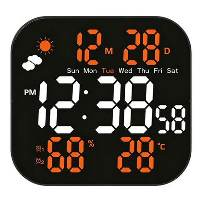 LED digital weather clock with orange numbers, day/date, humidity %, and temperature °C