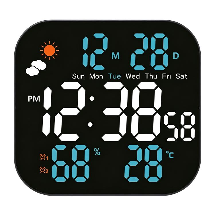 LED digital weather clock with blue numbers, day/date, humidity %, and temperature °C