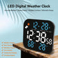 LED digital weather clock with blue display showing time, day/date, humidity % and °C