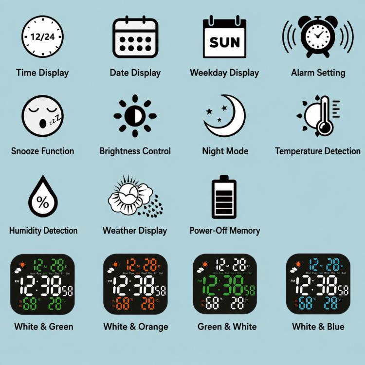 LED digital weather clock feature icons diagram showing time, date, weekday, alarm, and sensors