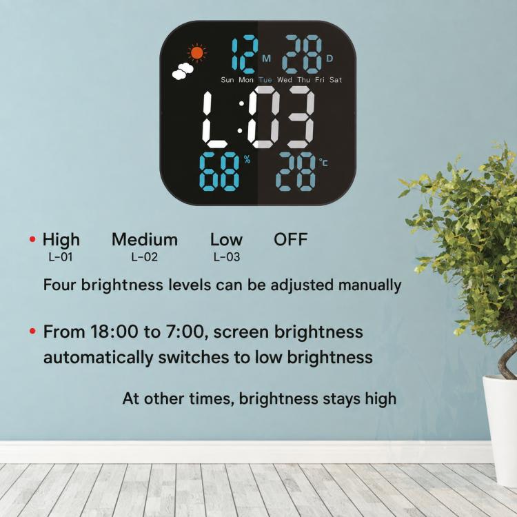 LED digital weather clock with blue display and brightness control levels