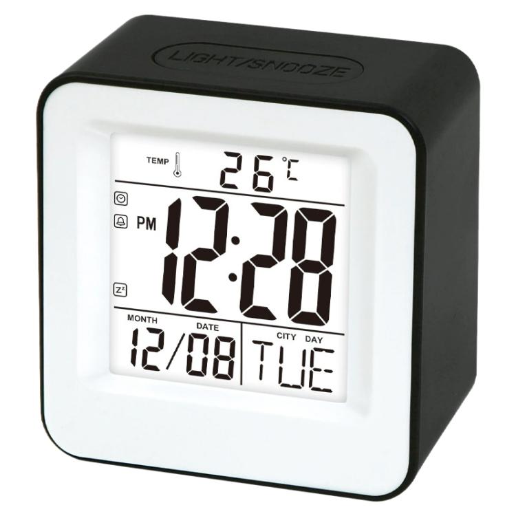Black square desktop alarm clock with bright digital time and temperature display