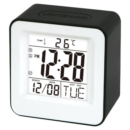 Black square desktop alarm clock with bright digital time and temperature display
