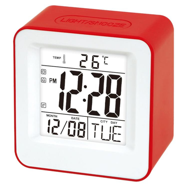 Red square desktop alarm clock with bright digital time and temperature display